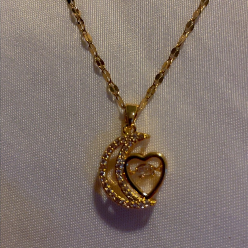 Gold Moon and Heart Pendant Necklace vintage fashion block zircon stainless st